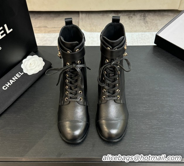 Purchase Chanel Calfskin Leather Laced-up Ankle Boots with Chain Black 2025 CH11030321 1103142