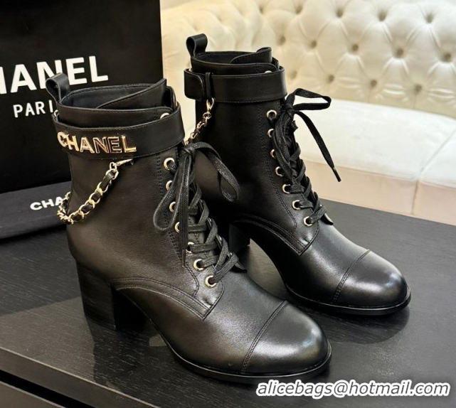 Purchase Chanel Calfskin Leather Laced-up Ankle Boots with Chain Black 2025 CH11030321 1103142