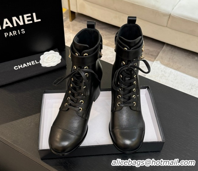 Purchase Chanel Calfskin Leather Laced-up Ankle Boots with Chain Black 2025 CH11030321 1103142