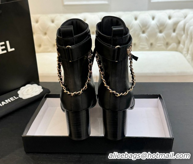 Purchase Chanel Calfskin Leather Laced-up Ankle Boots with Chain Black 2025 CH11030321 1103142