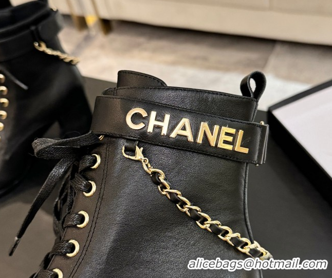 Purchase Chanel Calfskin Leather Laced-up Ankle Boots with Chain Black 2025 CH11030321 1103142