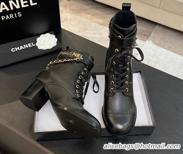 Purchase Chanel Calfskin Leather Laced-up Ankle Boots with Chain Black 2025 CH11030321 1103142