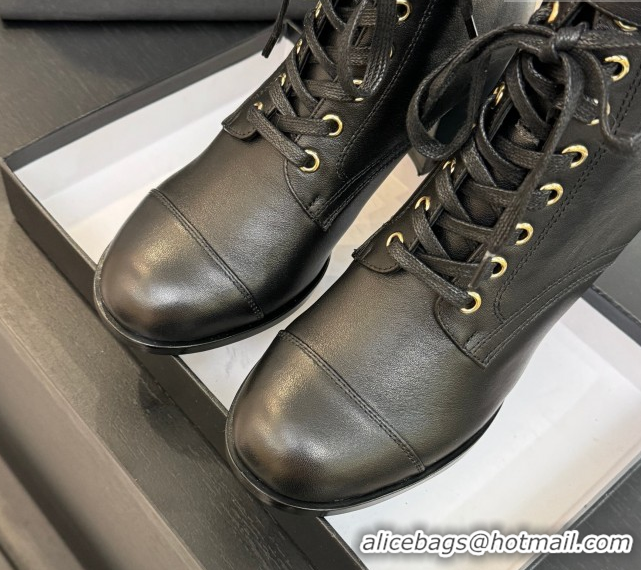 Purchase Chanel Calfskin Leather Laced-up Ankle Boots with Chain Black 2025 CH11030321 1103142