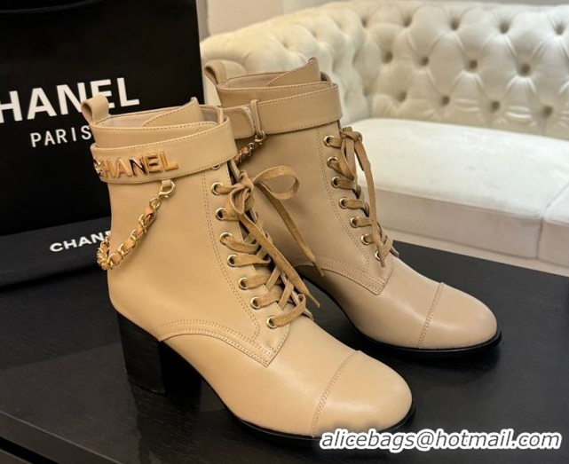 Grade Quality Chanel Calfskin Leather Laced-up Ankle Boots with Chain Beige 2025 CH11030321 1103143