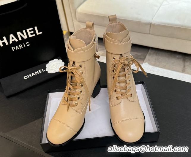Grade Quality Chanel Calfskin Leather Laced-up Ankle Boots with Chain Beige 2025 CH11030321 1103143
