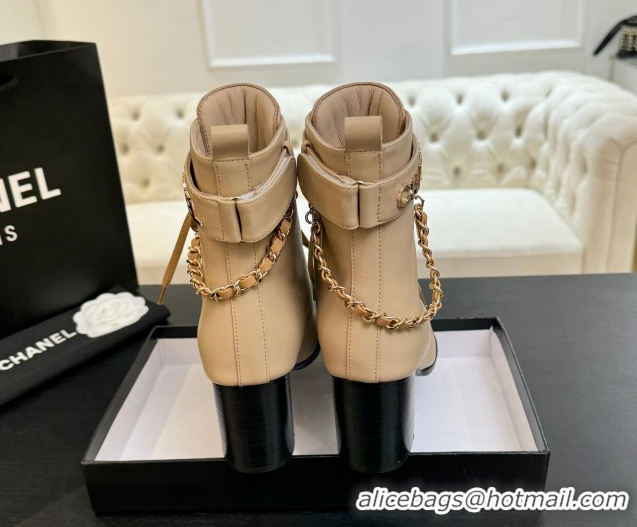 Grade Quality Chanel Calfskin Leather Laced-up Ankle Boots with Chain Beige 2025 CH11030321 1103143