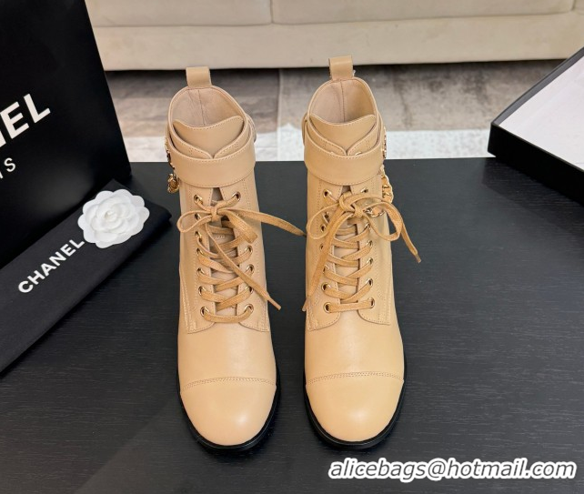 Grade Quality Chanel Calfskin Leather Laced-up Ankle Boots with Chain Beige 2025 CH11030321 1103143