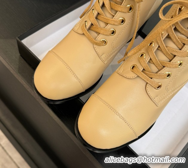 Grade Quality Chanel Calfskin Leather Laced-up Ankle Boots with Chain Beige 2025 CH11030321 1103143