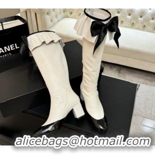 Good Quality Chanel Stretch Lambskin & Patent Leather Heel High Boots 8cm with Bow White 2025 G46831 1103144