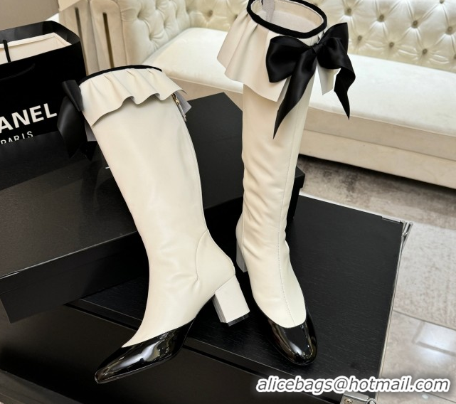 Good Quality Chanel Stretch Lambskin & Patent Leather Heel High Boots 8cm with Bow White 2025 G46831 1103144