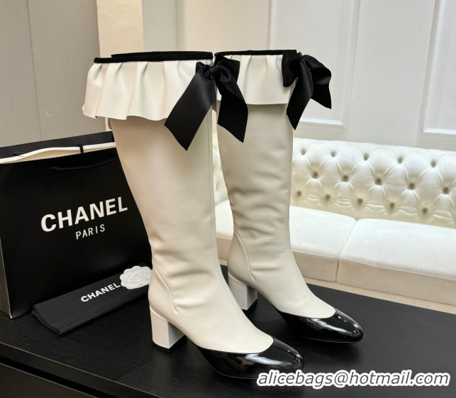 Good Quality Chanel Stretch Lambskin & Patent Leather Heel High Boots 8cm with Bow White 2025 G46831 1103144