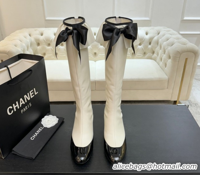 Good Quality Chanel Stretch Lambskin & Patent Leather Heel High Boots 8cm with Bow White 2025 G46831 1103144
