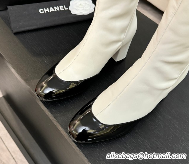 Good Quality Chanel Stretch Lambskin & Patent Leather Heel High Boots 8cm with Bow White 2025 G46831 1103144