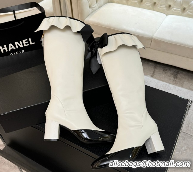 Good Quality Chanel Stretch Lambskin & Patent Leather Heel High Boots 8cm with Bow White 2025 G46831 1103144