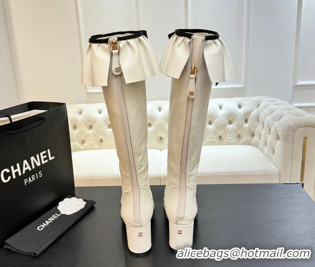 Good Quality Chanel Stretch Lambskin & Patent Leather Heel High Boots 8cm with Bow White 2025 G46831 1103144