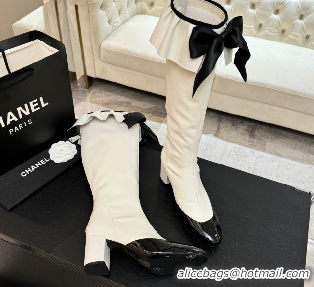 Good Quality Chanel Stretch Lambskin & Patent Leather Heel High Boots 8cm with Bow White 2025 G46831 1103144