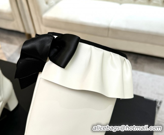 Good Quality Chanel Stretch Lambskin & Patent Leather Heel High Boots 8cm with Bow White 2025 G46831 1103144