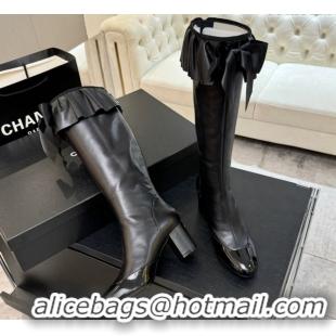 Best Grade Chanel Stretch Lambskin & Patent Leather Heel High Boots 8cm with Bow Black 2025 G46831 1103145