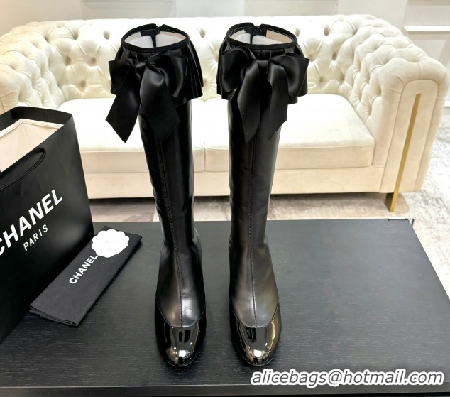 Best Grade Chanel Stretch Lambskin & Patent Leather Heel High Boots 8cm with Bow Black 2025 G46831 1103145