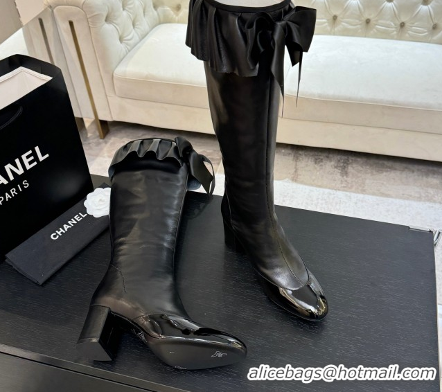 Best Grade Chanel Stretch Lambskin & Patent Leather Heel High Boots 8cm with Bow Black 2025 G46831 1103145