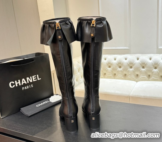 Best Grade Chanel Stretch Lambskin & Patent Leather Heel High Boots 8cm with Bow Black 2025 G46831 1103145