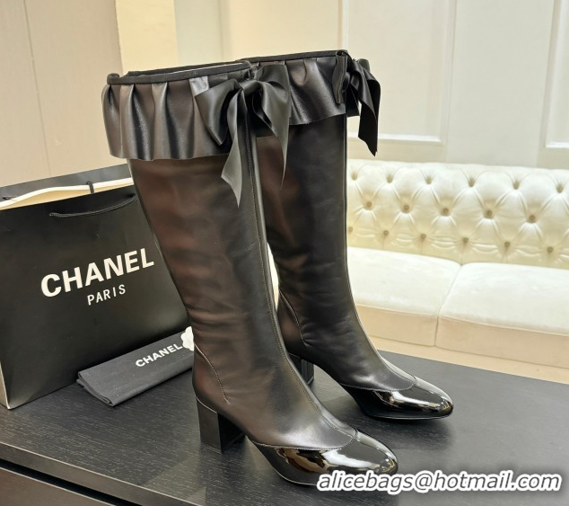 Best Grade Chanel Stretch Lambskin & Patent Leather Heel High Boots 8cm with Bow Black 2025 G46831 1103145