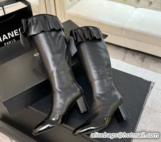 Best Grade Chanel Stretch Lambskin & Patent Leather Heel High Boots 8cm with Bow Black 2025 G46831 1103145