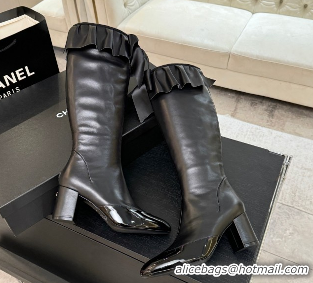 Best Grade Chanel Stretch Lambskin & Patent Leather Heel High Boots 8cm with Bow Black 2025 G46831 1103145