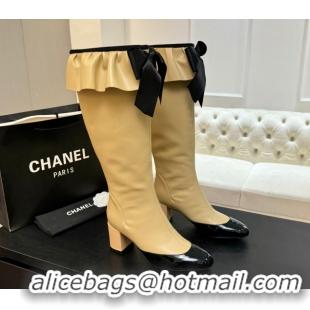 Sophisticated Chanel Stretch Lambskin & Patent Leather Heel High Boots 8cm with Bow Beige 2025 G46831 1103146