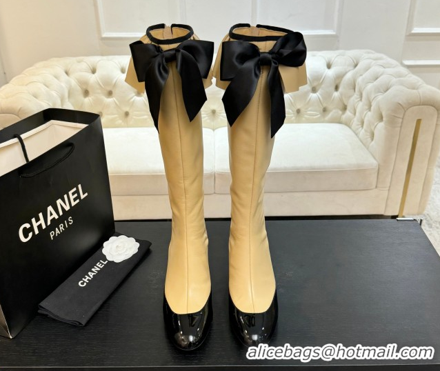 Sophisticated Chanel Stretch Lambskin & Patent Leather Heel High Boots 8cm with Bow Beige 2025 G46831 1103146