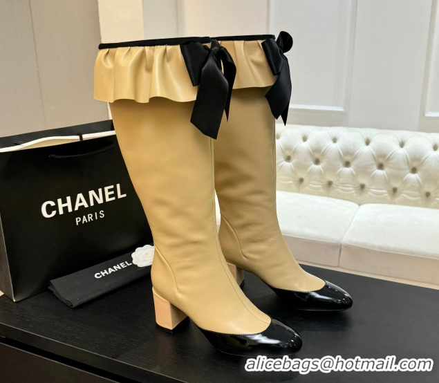 Sophisticated Chanel Stretch Lambskin & Patent Leather Heel High Boots 8cm with Bow Beige 2025 G46831 1103146