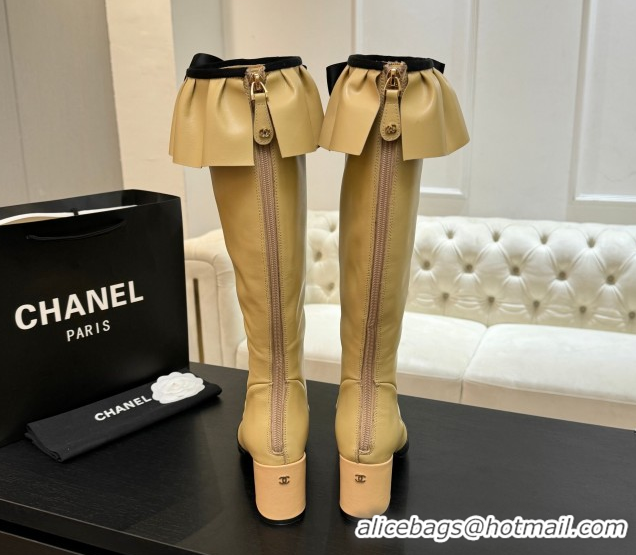 Sophisticated Chanel Stretch Lambskin & Patent Leather Heel High Boots 8cm with Bow Beige 2025 G46831 1103146