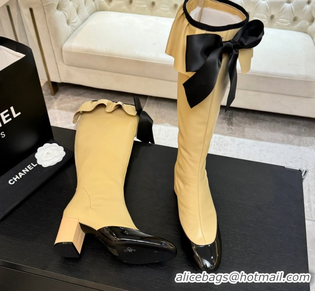 Sophisticated Chanel Stretch Lambskin & Patent Leather Heel High Boots 8cm with Bow Beige 2025 G46831 1103146
