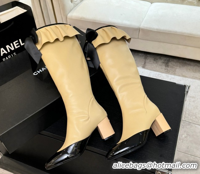 Sophisticated Chanel Stretch Lambskin & Patent Leather Heel High Boots 8cm with Bow Beige 2025 G46831 1103146