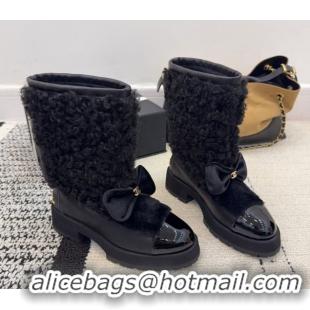Stylish Chanel Fur, Lambskin & Patent Leather Platform Ankle Boots Black 2025 G46636 1103147