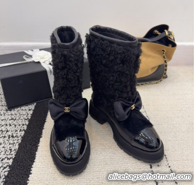 Stylish Chanel Fur, Lambskin & Patent Leather Platform Ankle Boots Black 2025 G46636 1103147