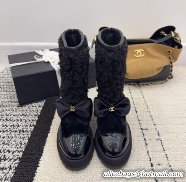 Stylish Chanel Fur, Lambskin & Patent Leather Platform Ankle Boots Black 2025 G46636 1103147