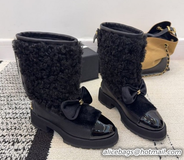 Stylish Chanel Fur, Lambskin & Patent Leather Platform Ankle Boots Black 2025 G46636 1103147