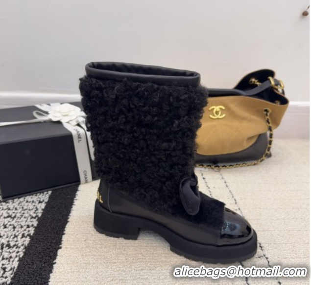 Stylish Chanel Fur, Lambskin & Patent Leather Platform Ankle Boots Black 2025 G46636 1103147