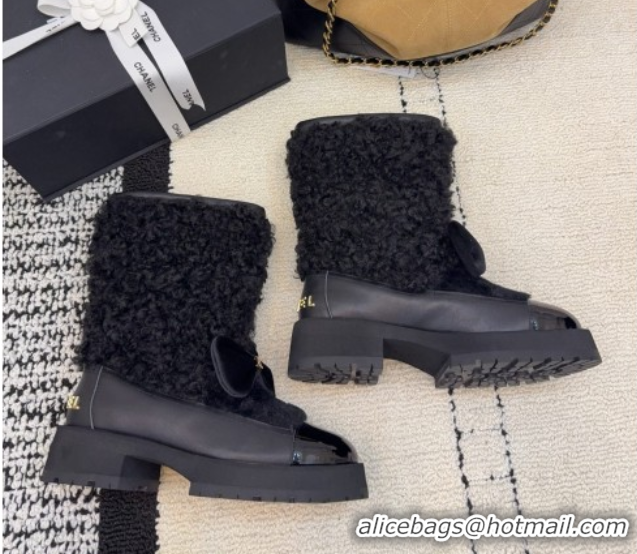 Stylish Chanel Fur, Lambskin & Patent Leather Platform Ankle Boots Black 2025 G46636 1103147