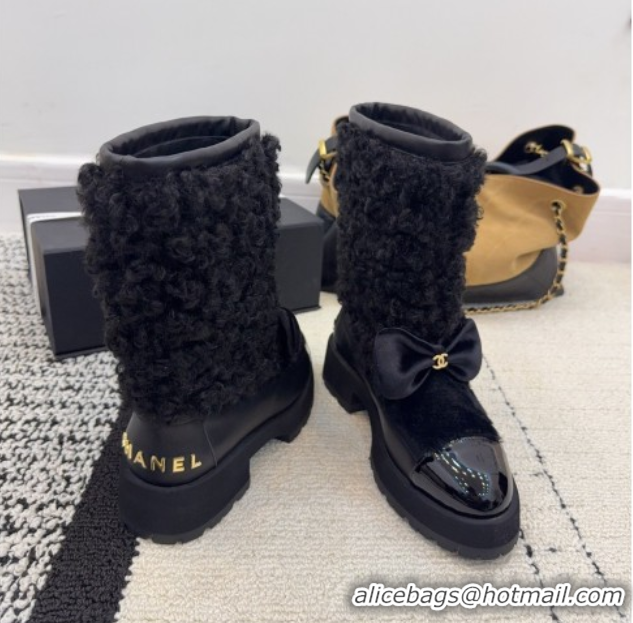Stylish Chanel Fur, Lambskin & Patent Leather Platform Ankle Boots Black 2025 G46636 1103147