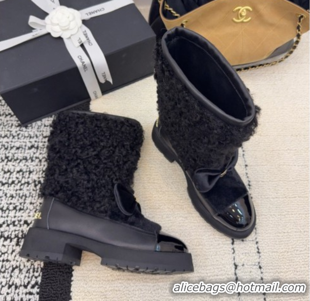Stylish Chanel Fur, Lambskin & Patent Leather Platform Ankle Boots Black 2025 G46636 1103147