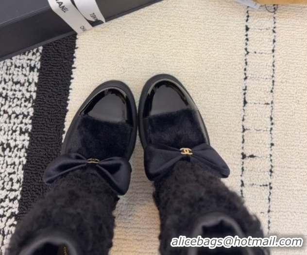 Stylish Chanel Fur, Lambskin & Patent Leather Platform Ankle Boots Black 2025 G46636 1103147