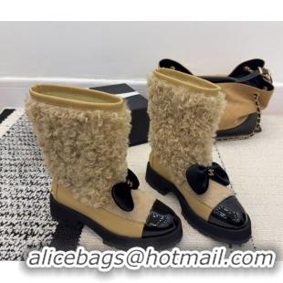 Stylish Chanel Fur, Lambskin & Patent Leather Platform Ankle Boots Beige 2025 G46636 1103148