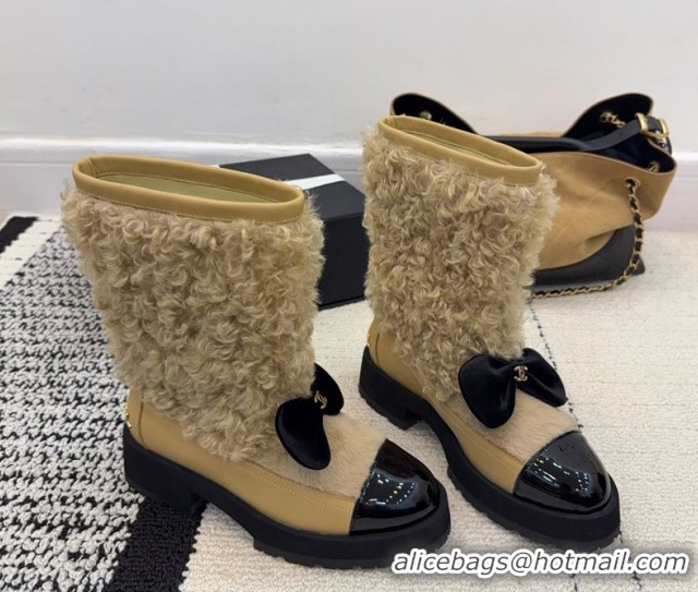 Stylish Chanel Fur, Lambskin & Patent Leather Platform Ankle Boots Beige 2025 G46636 1103148