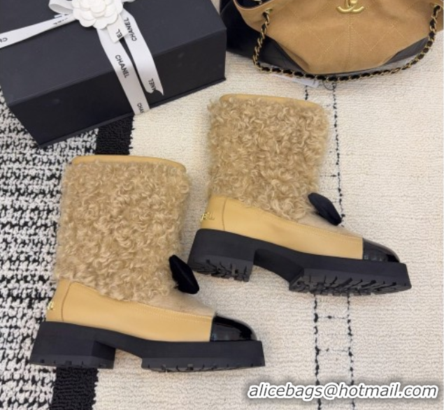 Stylish Chanel Fur, Lambskin & Patent Leather Platform Ankle Boots Beige 2025 G46636 1103148