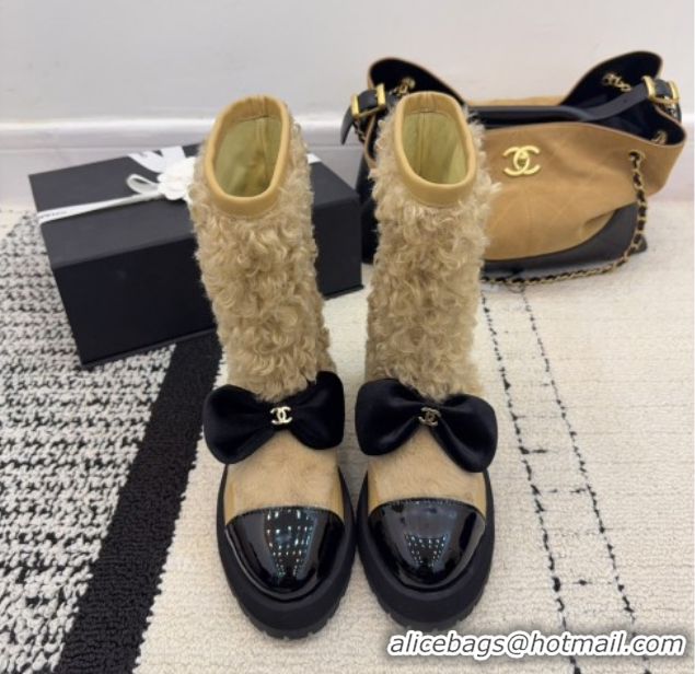 Stylish Chanel Fur, Lambskin & Patent Leather Platform Ankle Boots Beige 2025 G46636 1103148