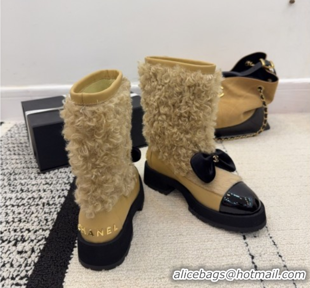 Stylish Chanel Fur, Lambskin & Patent Leather Platform Ankle Boots Beige 2025 G46636 1103148