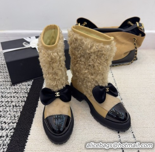 Stylish Chanel Fur, Lambskin & Patent Leather Platform Ankle Boots Beige 2025 G46636 1103148