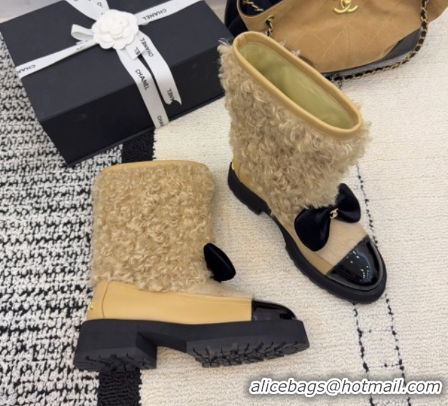 Stylish Chanel Fur, Lambskin & Patent Leather Platform Ankle Boots Beige 2025 G46636 1103148